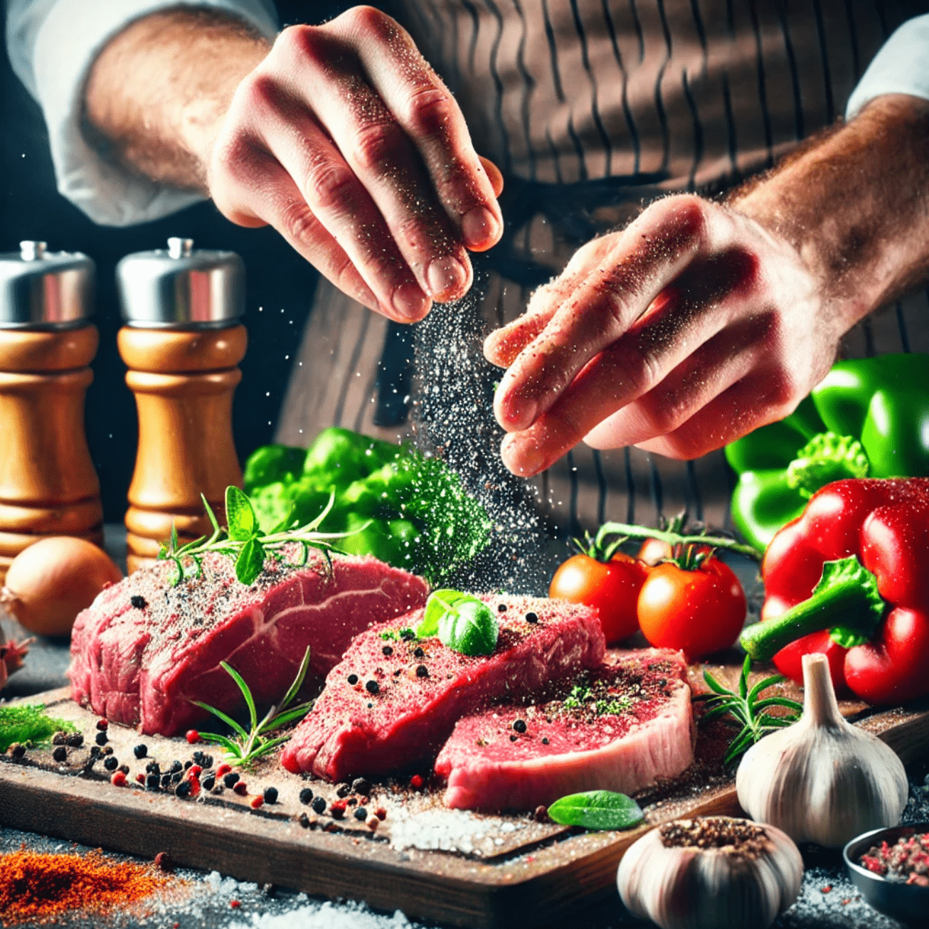 Seasoning steak with Blazing Bull rub